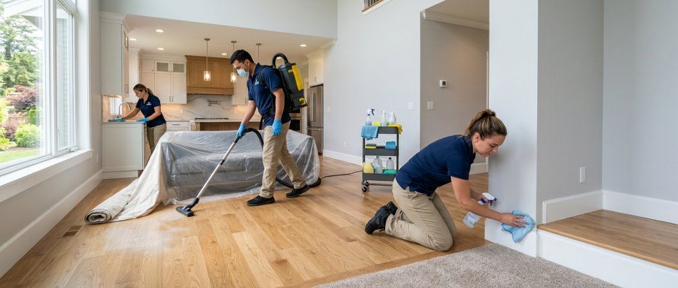 Professional cleaners vacuuming floors and wiping surfaces in a modern home during deep cleaning service