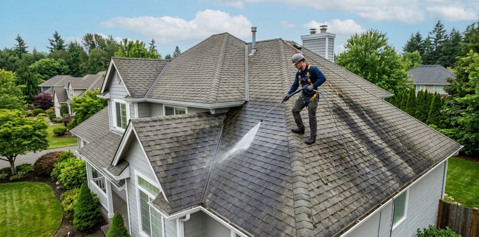 Technician pressure washing a shingle roof on a suburban house to remove moss and stains