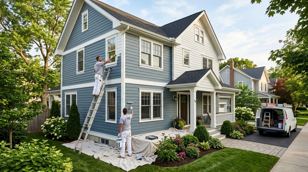 Painters repainting blue house exterior on ladders in a suburban yard with a work van in the driveway